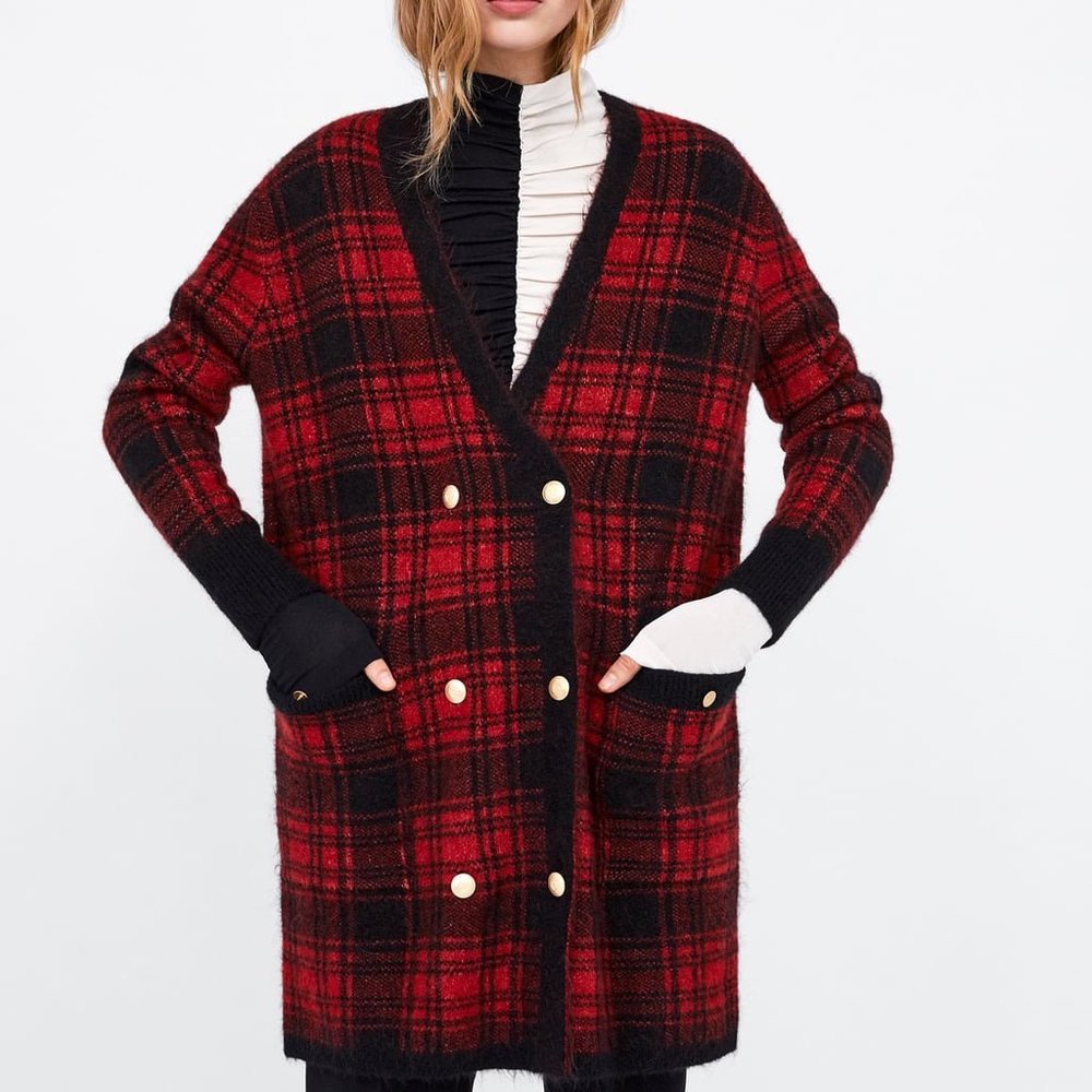 Zara Plaid Double Breasted Sweater Coat - Picture 5 of 8